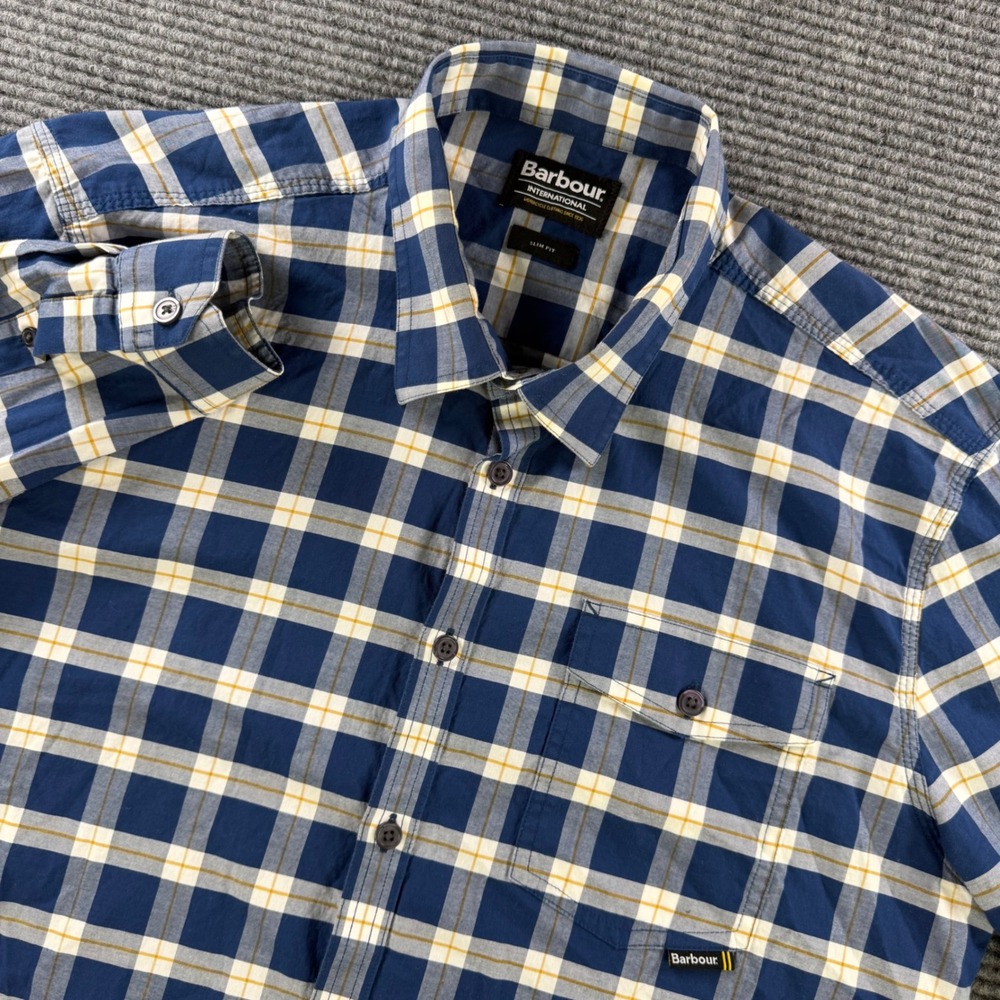 Barbour International Haden Shirt Mens Large Blue Plaid Slim Fit Button Up